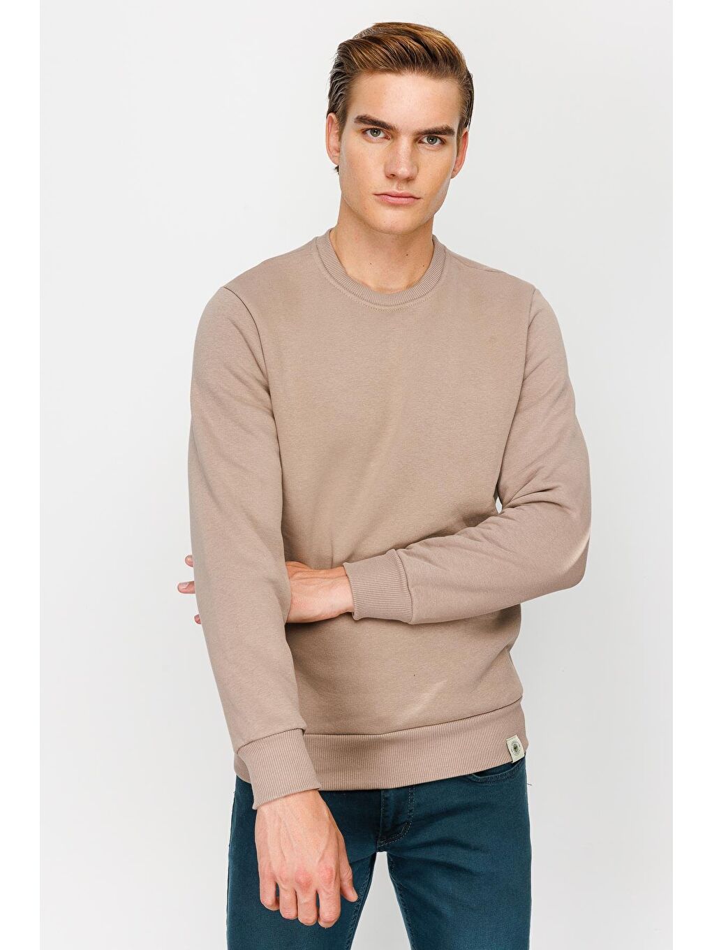Bej Erkek Camel Bisiklet Yaka Sweatshirt-1