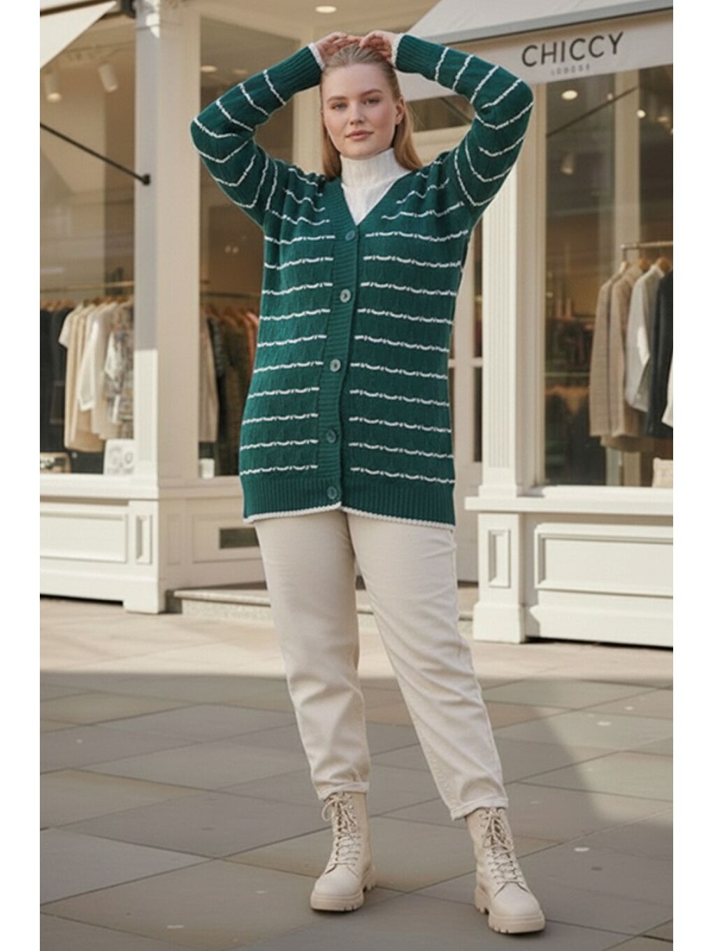 Büyük Beden Yeşil-Beyaz V Yaka Uzun Kol Çizgili Düğmeli Casual Ajur Örgü Triko Hırka 80 62-2