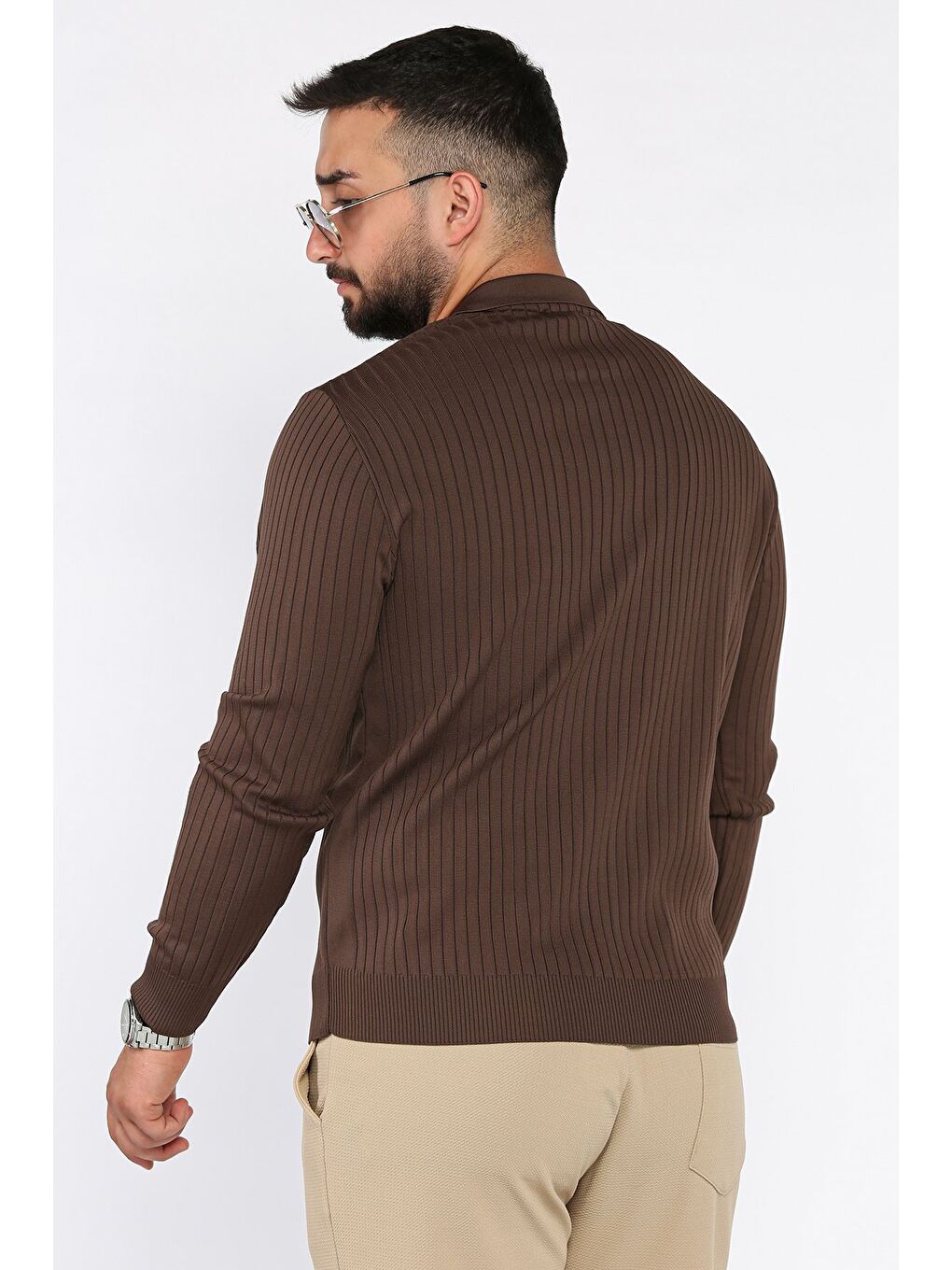 Kahverengi Erkek Polo Yaka Yarım Fermuarlı Triko Kazak-2