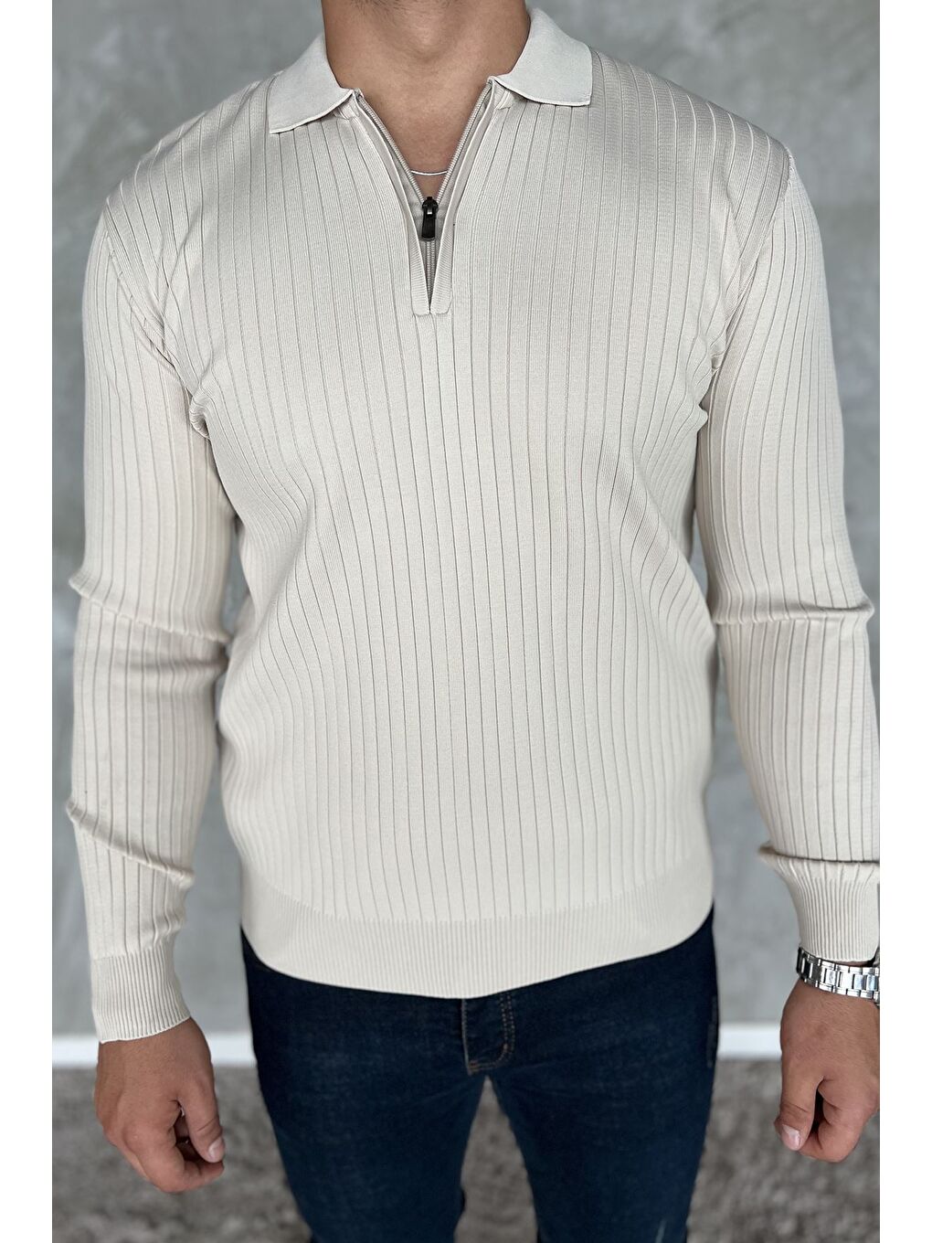 Bej Erkek Polo Yaka Yarım Fermuarlı Triko Kazak-3