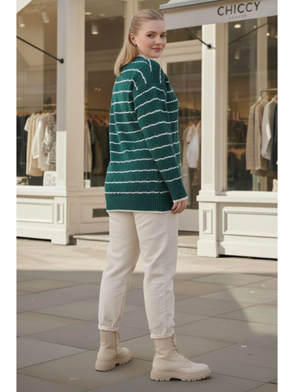 Büyük Beden Yeşil-Beyaz V Yaka Uzun Kol Çizgili Düğmeli Casual Ajur Örgü Triko Hırka 80 62-3