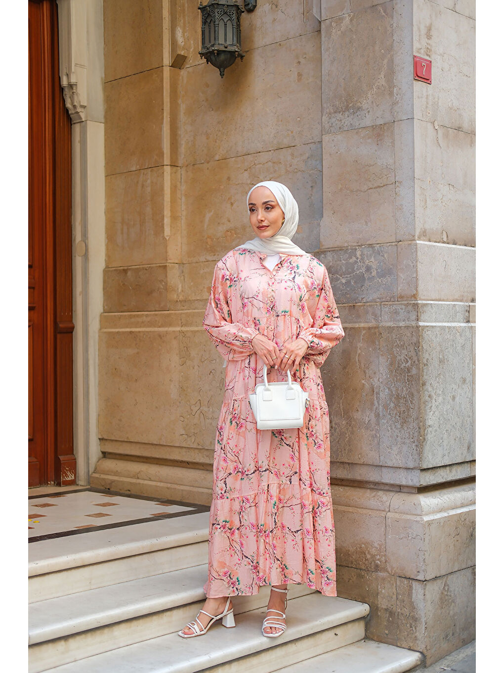 Kadın Sakura Çiçeği Desenli Elbise Pembe-3