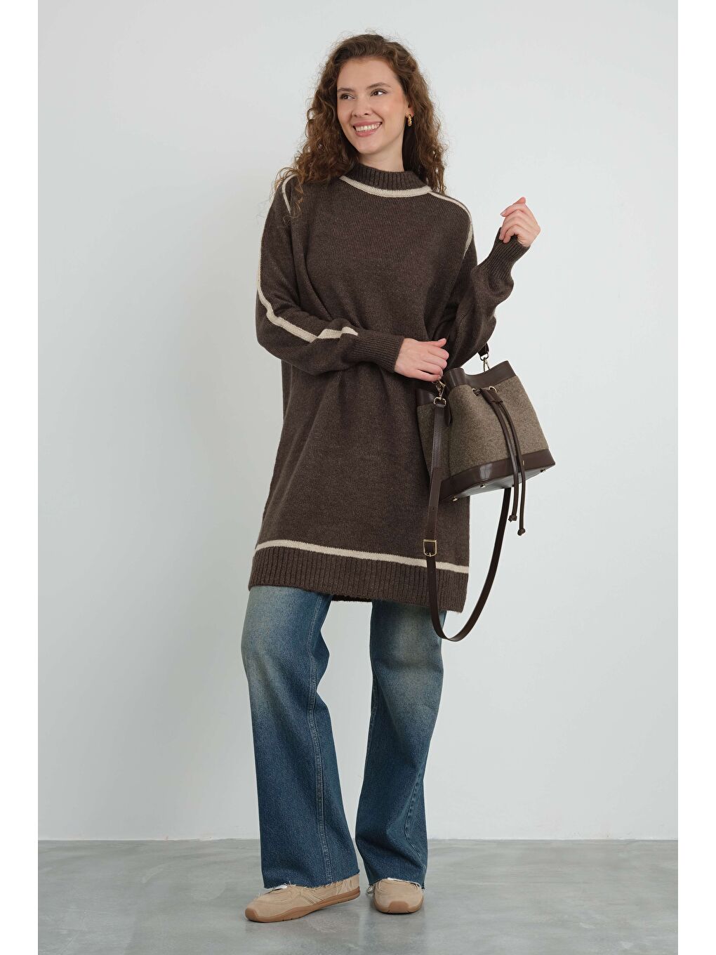 Kahverengi Yarım Balıkçı Yaka Triko Kazak Acı Kahve-3