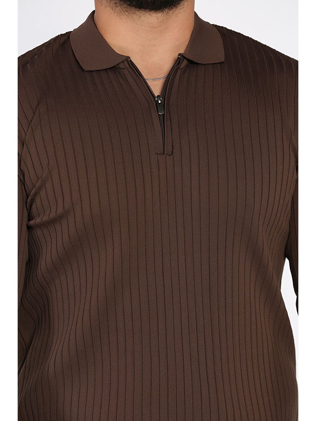 Kahverengi Erkek Polo Yaka Yarım Fermuarlı Triko Kazak-3