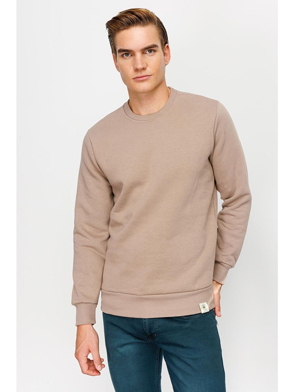 Bej Erkek Camel Bisiklet Yaka Sweatshirt-3