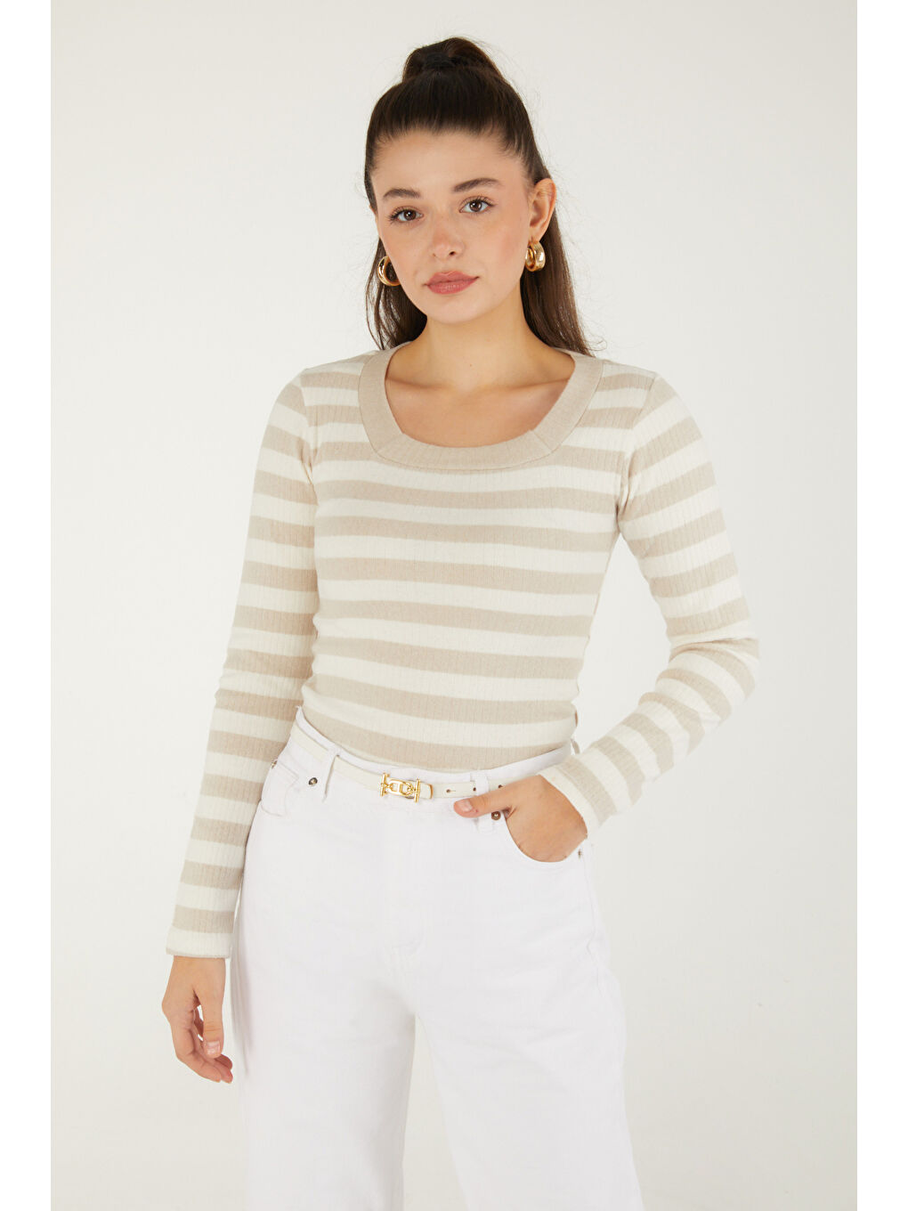 Bej Çizgili Bluz Taş - 26523-3