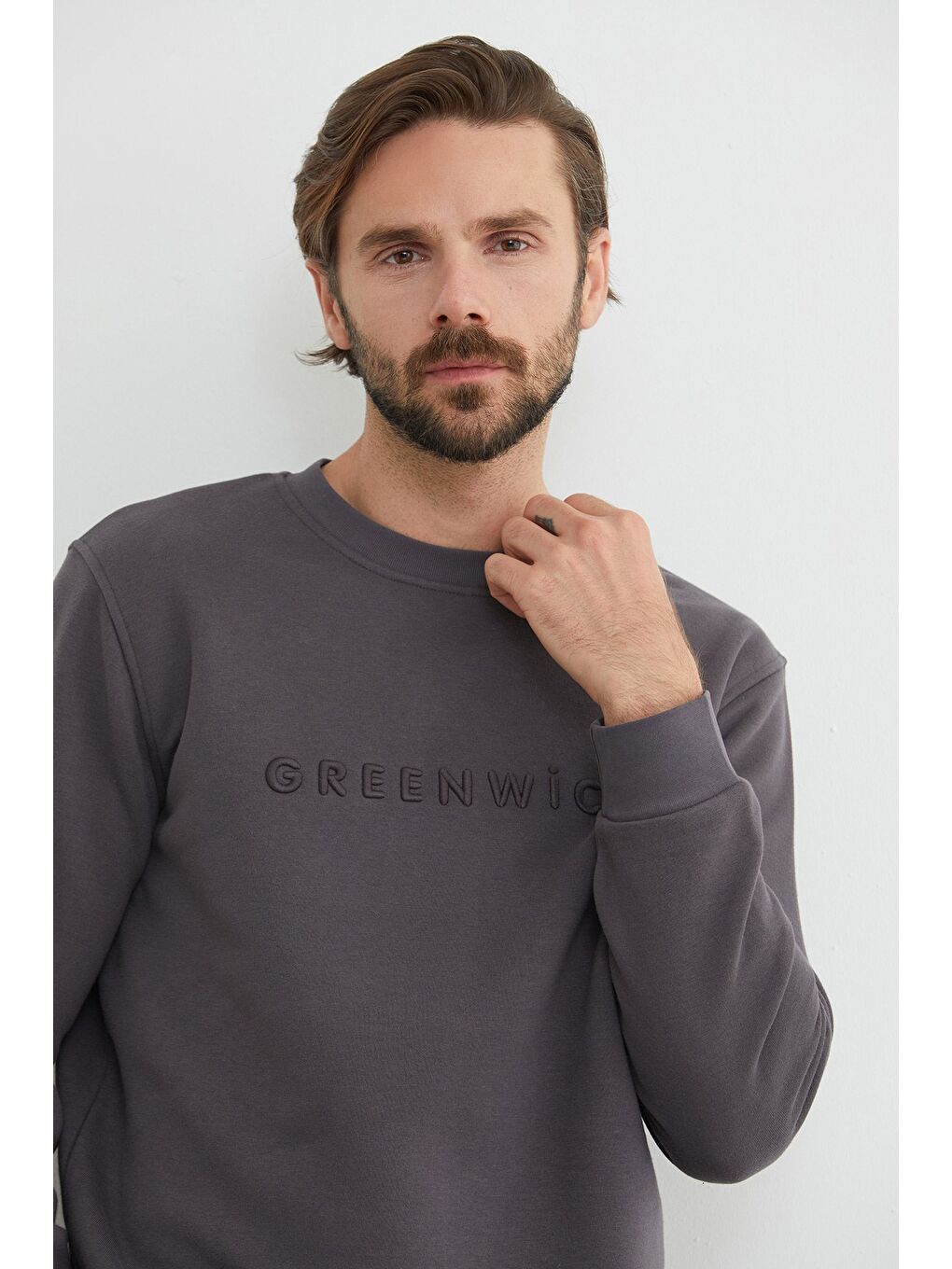 Antrasit Greenwich Yazı Nakışlı Bisiklet Yaka Sweatshirt
