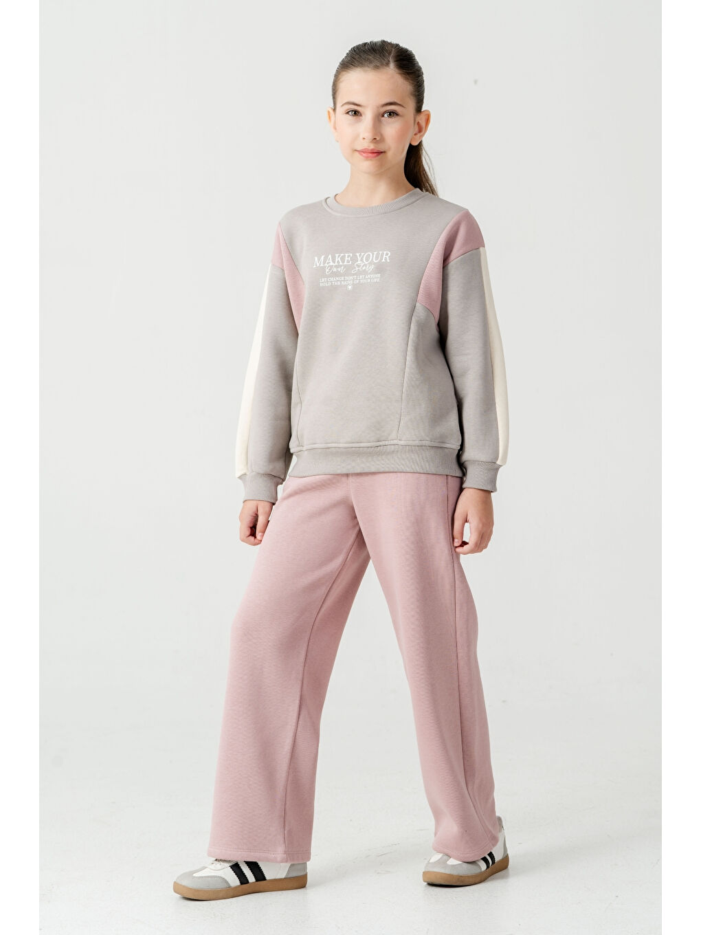 Gri Kız Çocuk Make Your Baskılı 3 İplik Kalın Kışlık Eşofman Takımı Ak4227-3