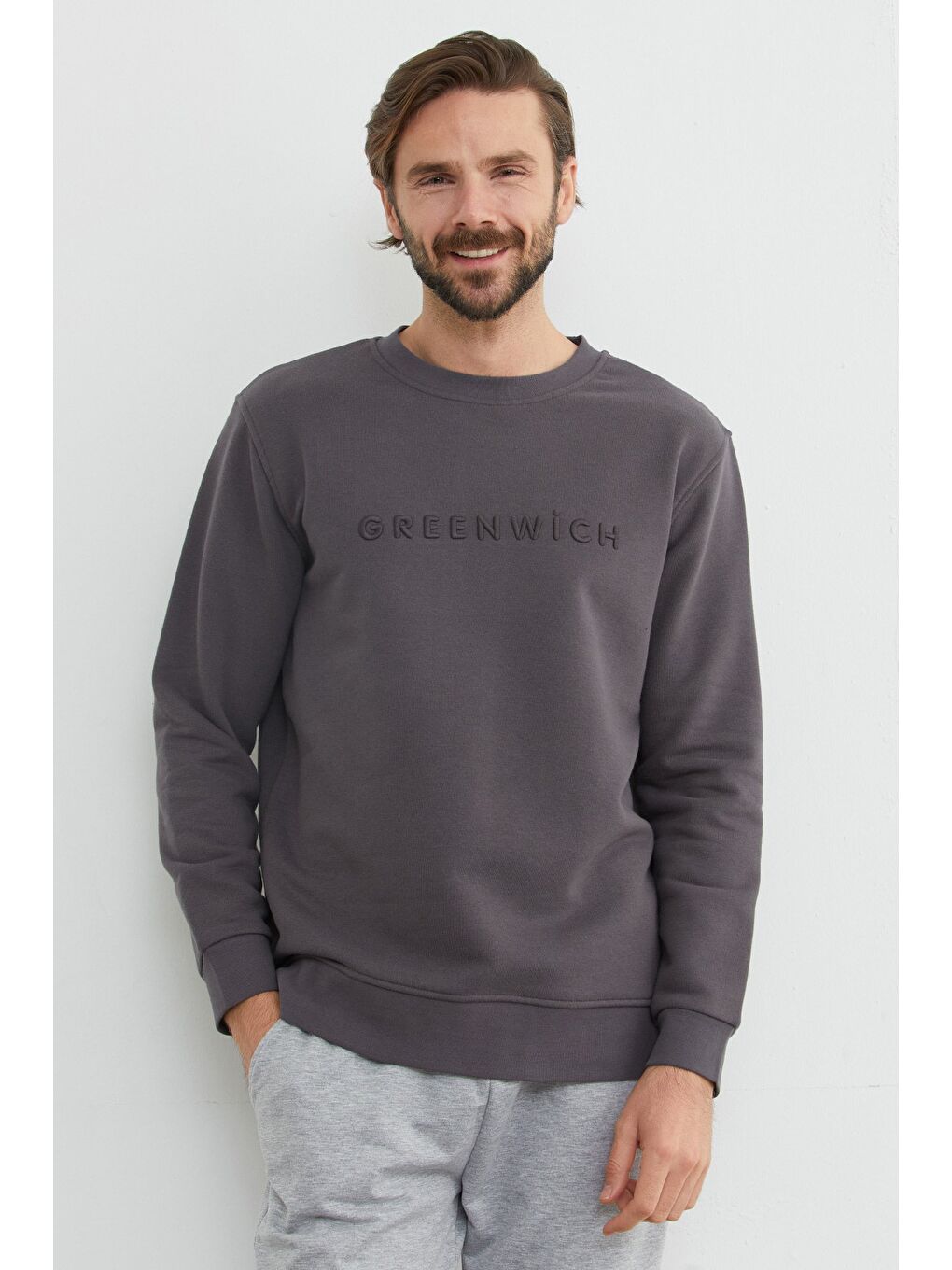 Antrasit Greenwich Yazı Nakışlı Bisiklet Yaka Sweatshirt-1