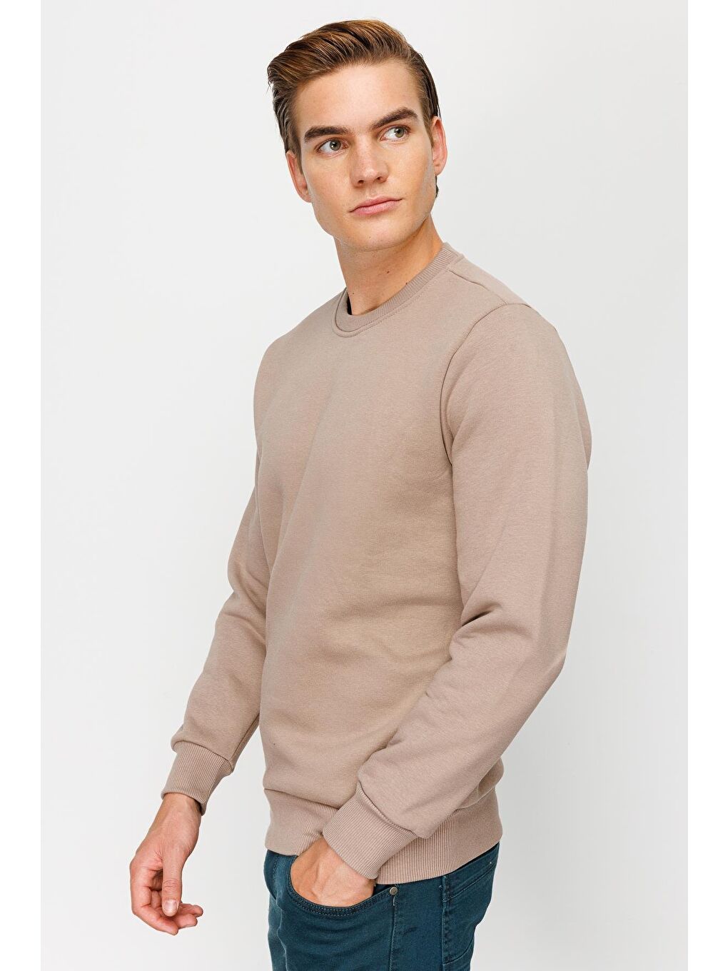 Bej Erkek Camel Bisiklet Yaka Sweatshirt-4