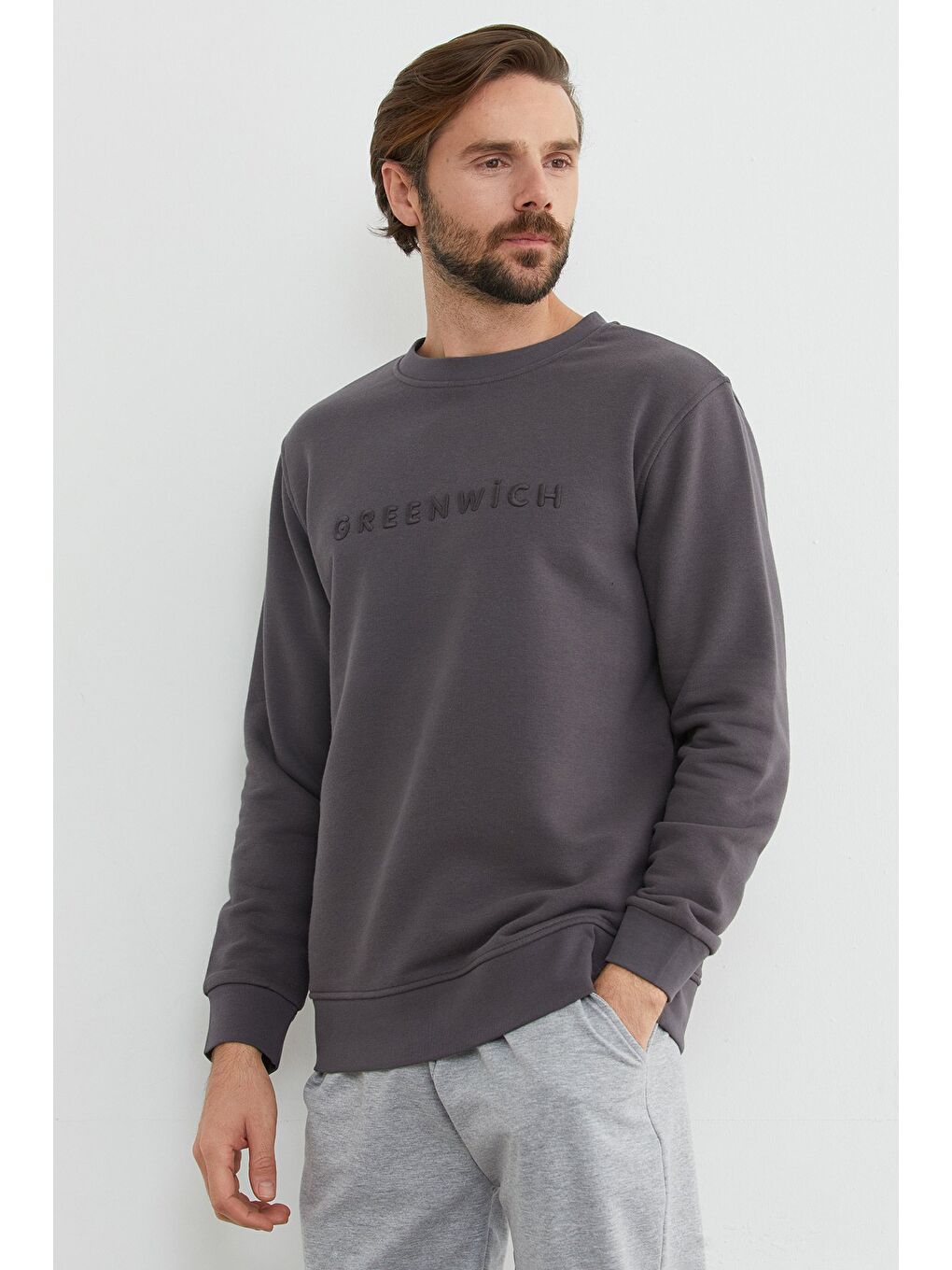Antrasit Greenwich Yazı Nakışlı Bisiklet Yaka Sweatshirt-2