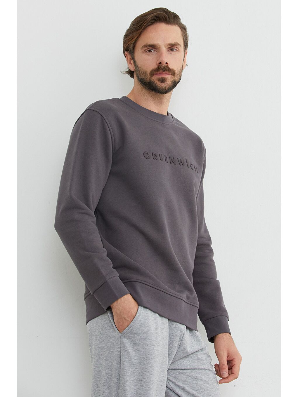 Antrasit Greenwich Yazı Nakışlı Bisiklet Yaka Sweatshirt-3