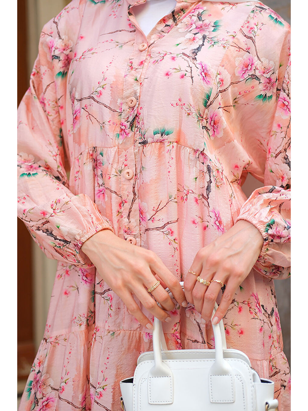 Kadın Sakura Çiçeği Desenli Elbise Pembe-4