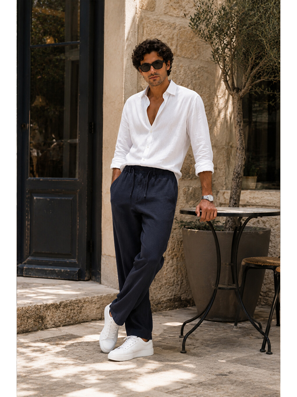 Erkek Lacivert Relax Fit Bağcıklı Baggy Pantolon-1