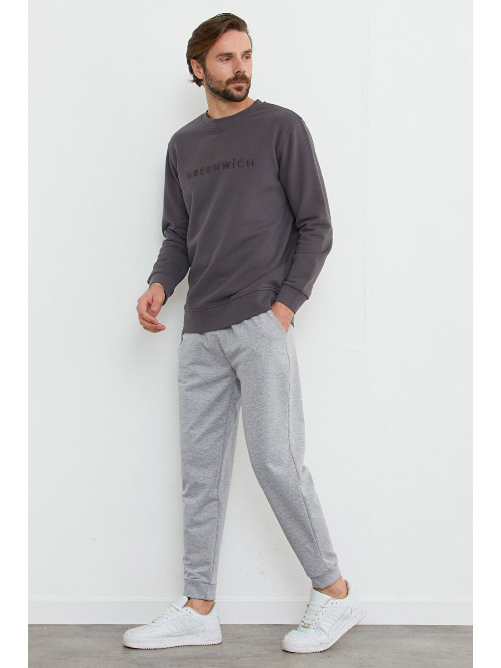 Antrasit Greenwich Yazı Nakışlı Bisiklet Yaka Sweatshirt-4