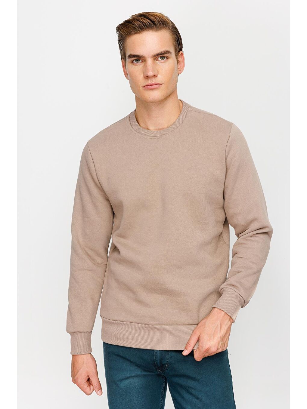 Bej Erkek Camel Bisiklet Yaka Sweatshirt-5