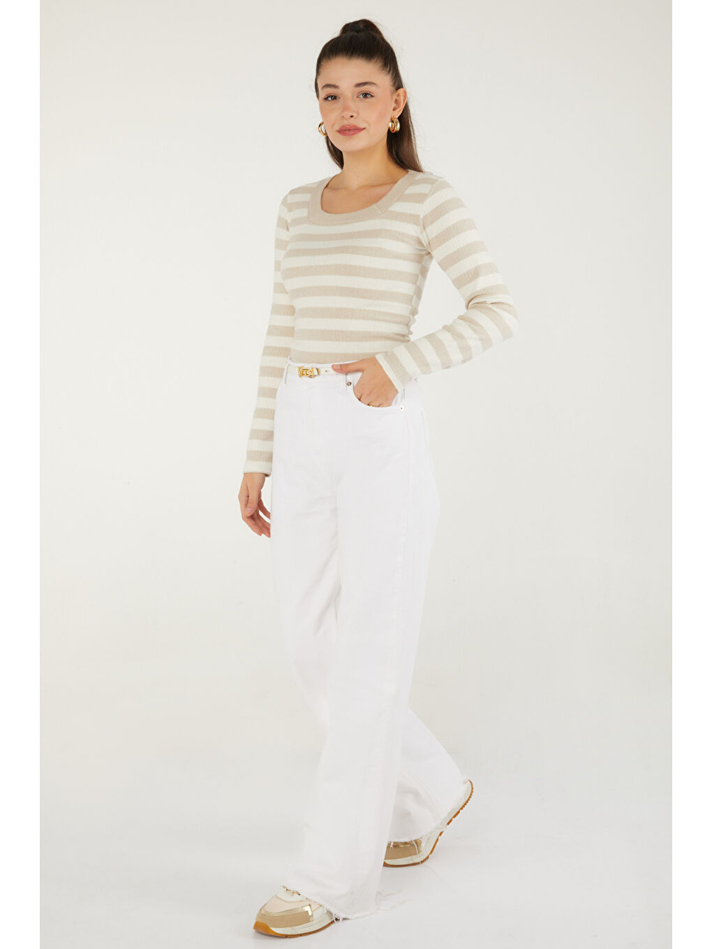 Bej Çizgili Bluz Taş - 26523-4