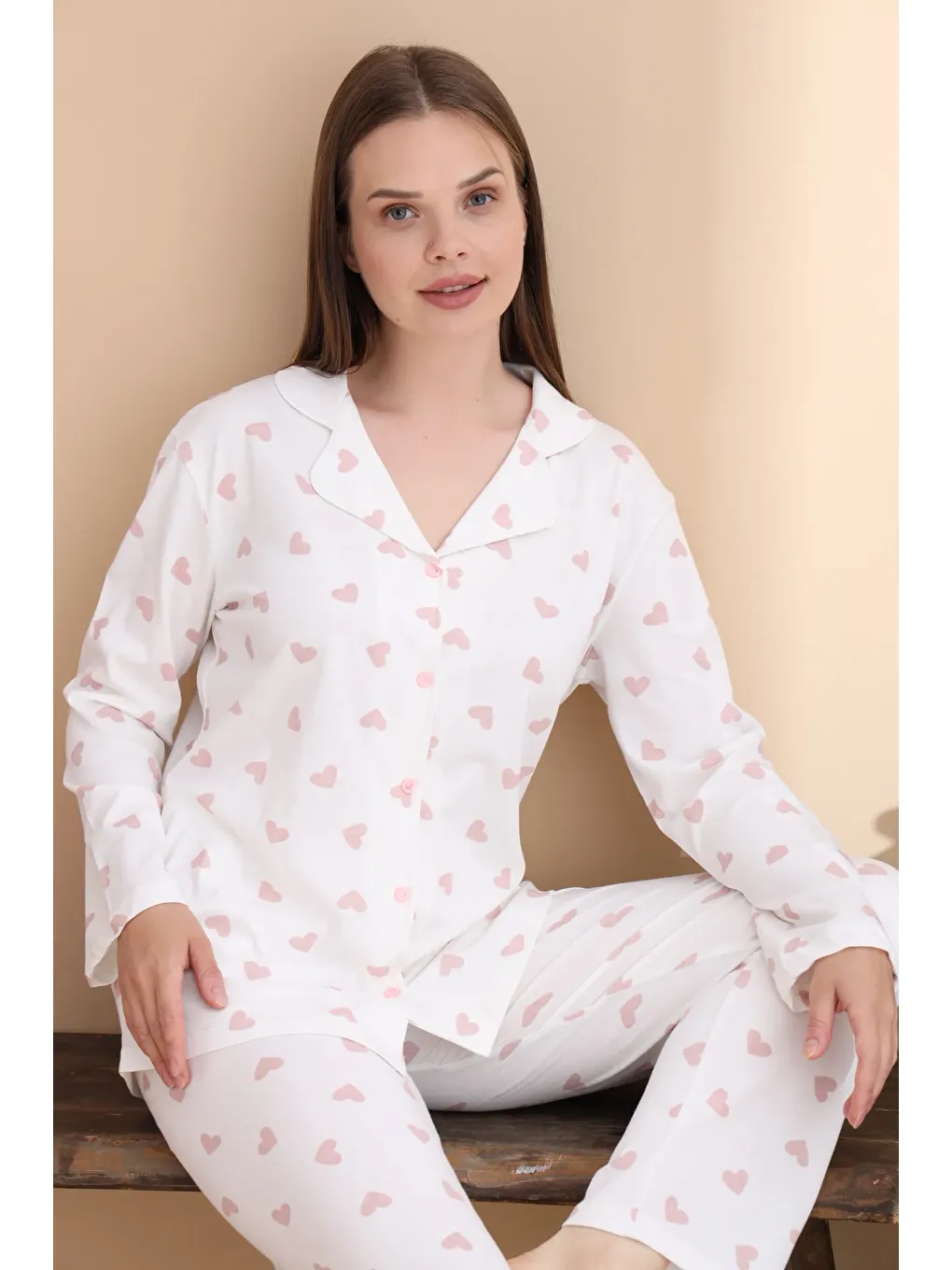 Ekru PAMUKLU DÜĞMELİ PİJAMA TAKIM 451-43-1