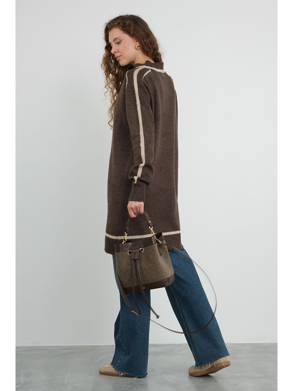 Kahverengi Yarım Balıkçı Yaka Triko Kazak Acı Kahve-4