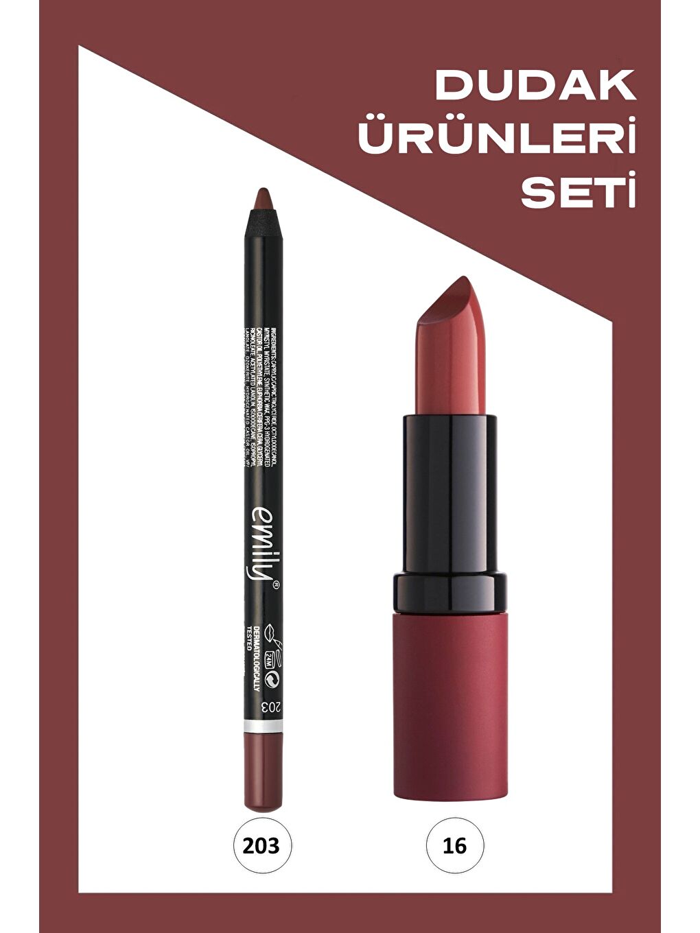 Velvet Matte Lipstick No: 16 ve Emily No: 203 Ruj Dudak Kalemi Seti