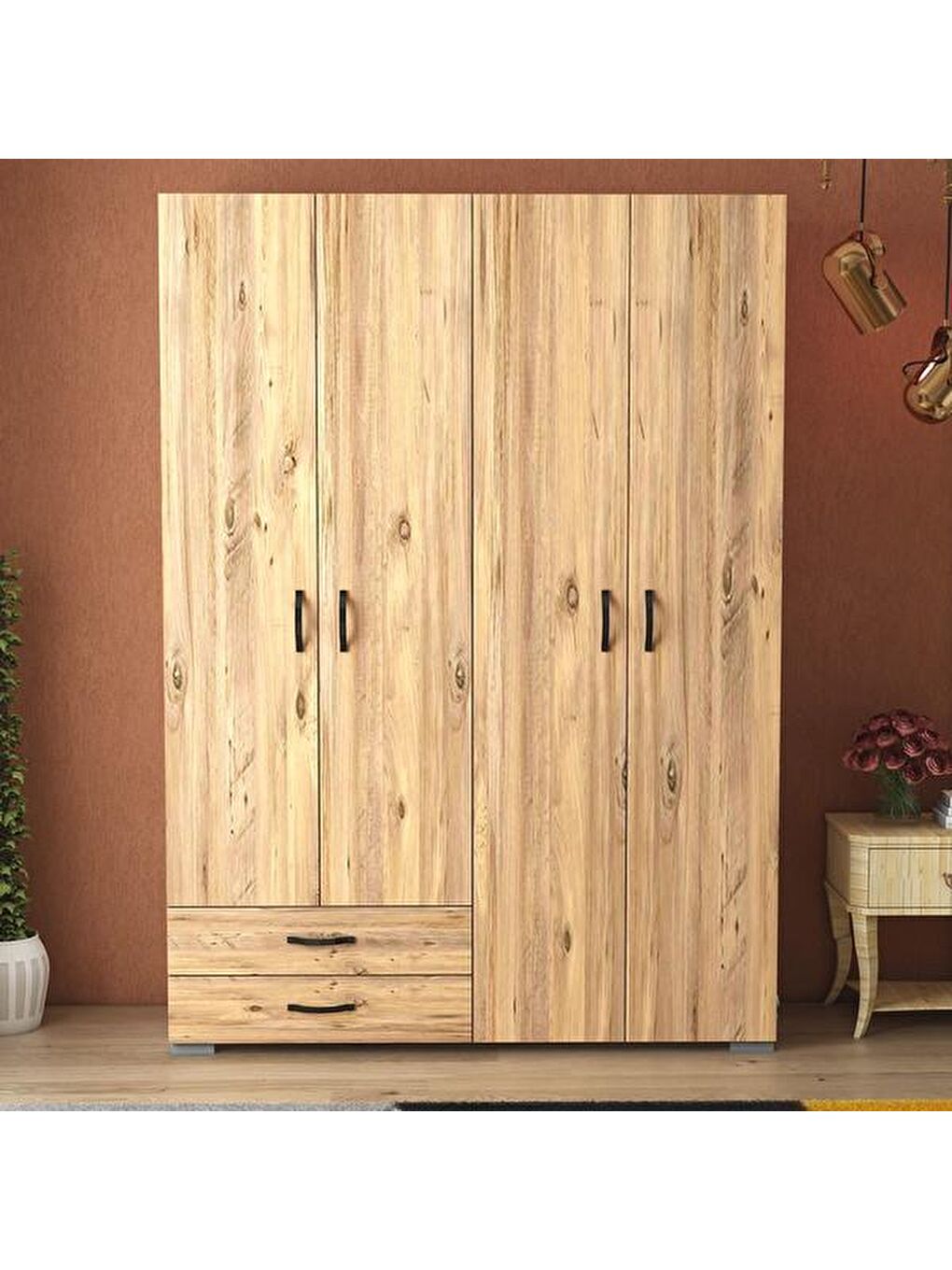 Kahverengi Heybeli 4 Kapak 2 Çekmece Gardırop - Atlantik Çam - 120 cm-1