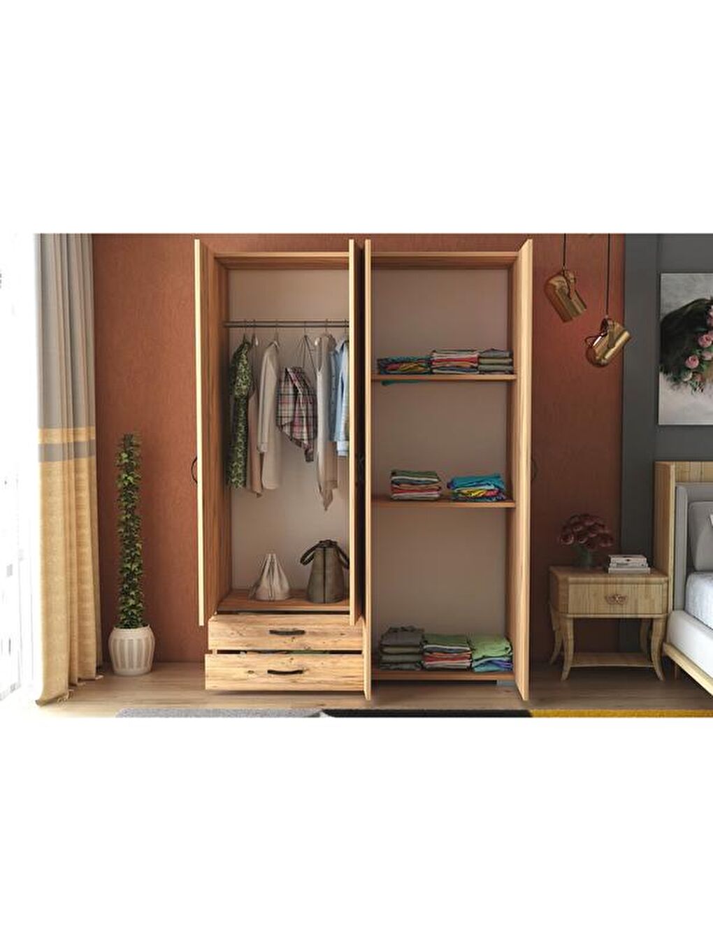 Kahverengi Heybeli 4 Kapak 2 Çekmece Gardırop - Atlantik Çam - 120 cm-3