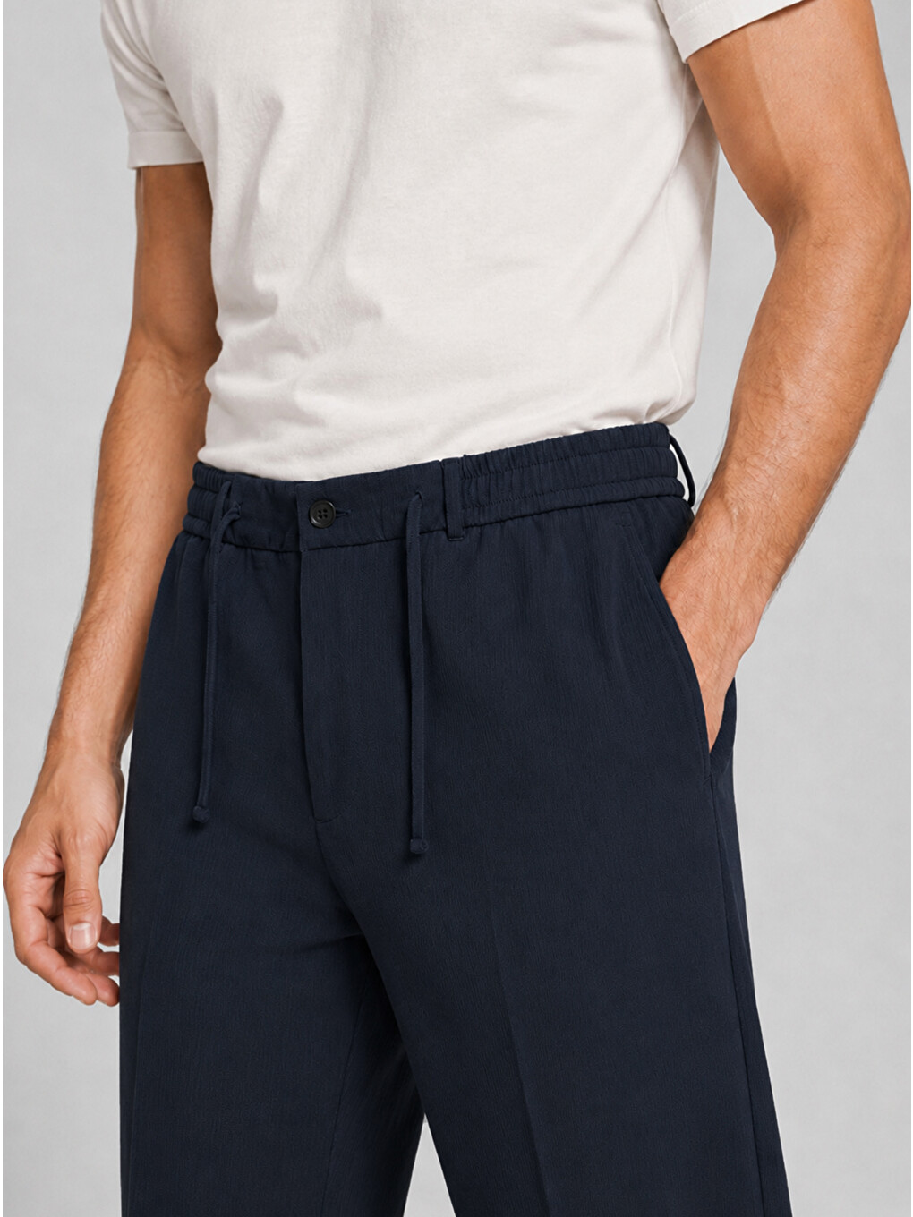 Erkek Lacivert Relax Fit Bağcıklı Baggy Pantolon-3