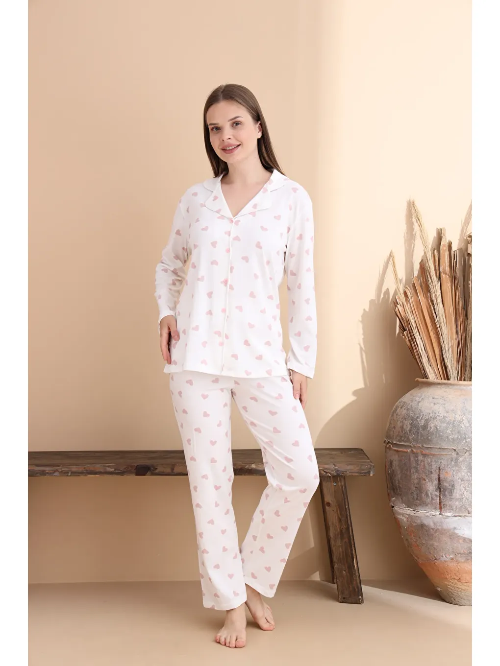Ekru PAMUKLU DÜĞMELİ PİJAMA TAKIM 451-43-2