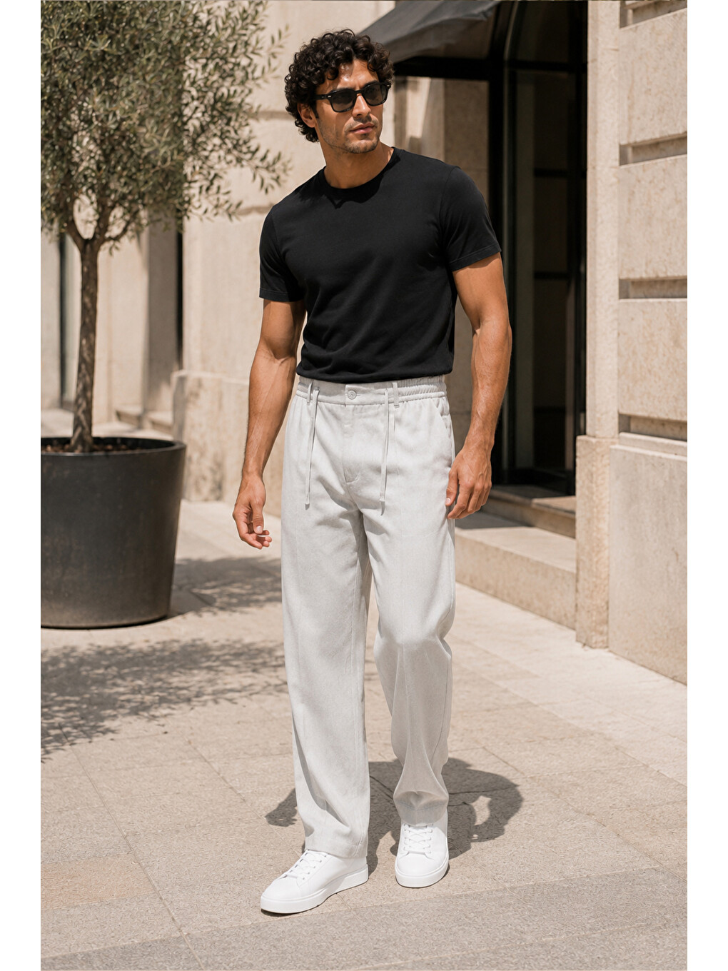 Erkek Taş Gri Relax Fit Bağcıklı Baggy Pantolon