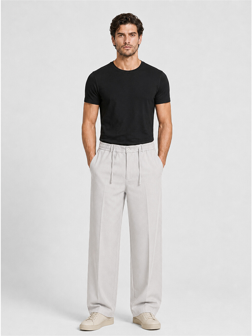 Erkek Taş Gri Relax Fit Bağcıklı Baggy Pantolon-1