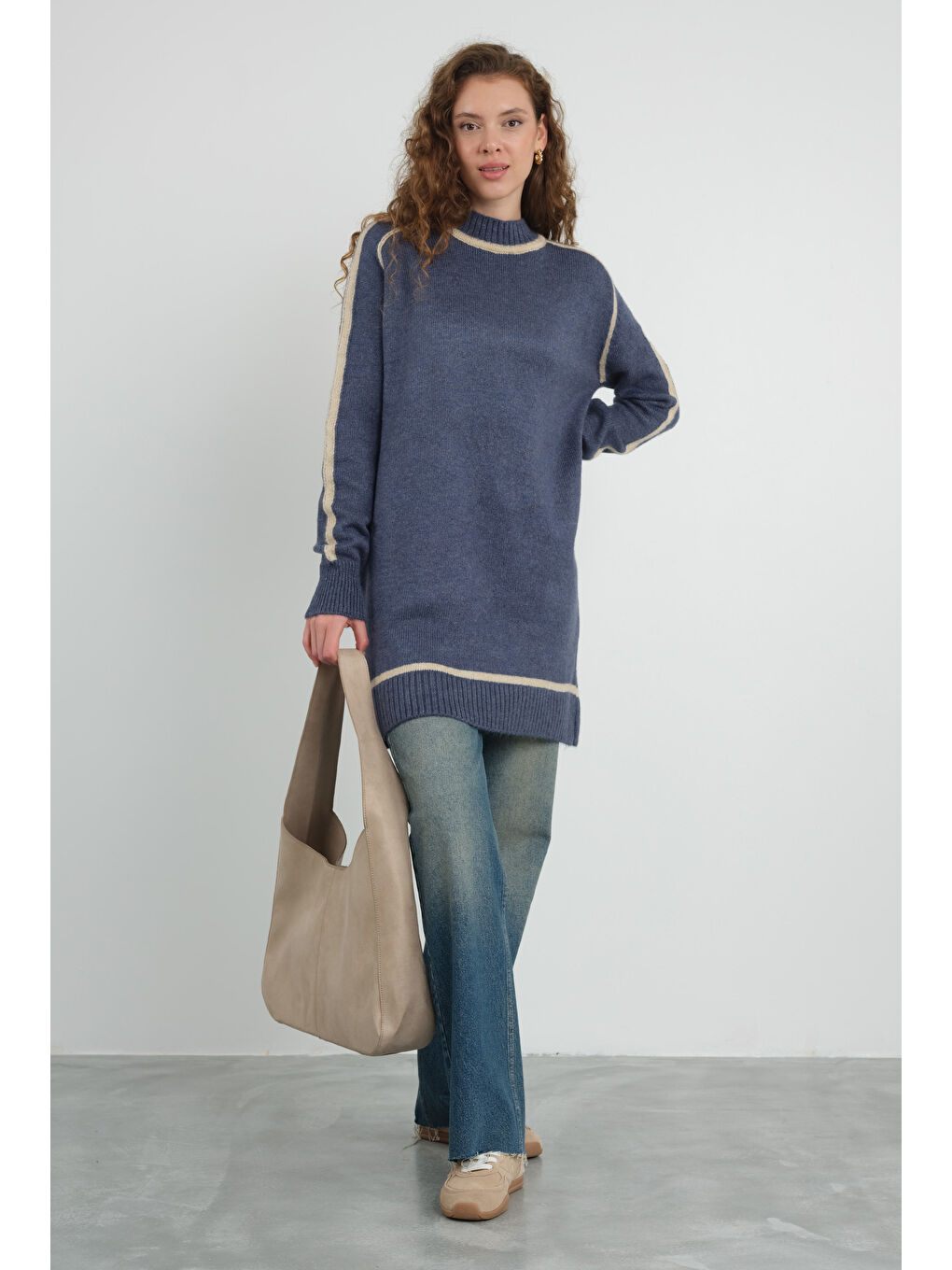 Yarım Balıkçı Yaka Triko Kazak Jean Mavi