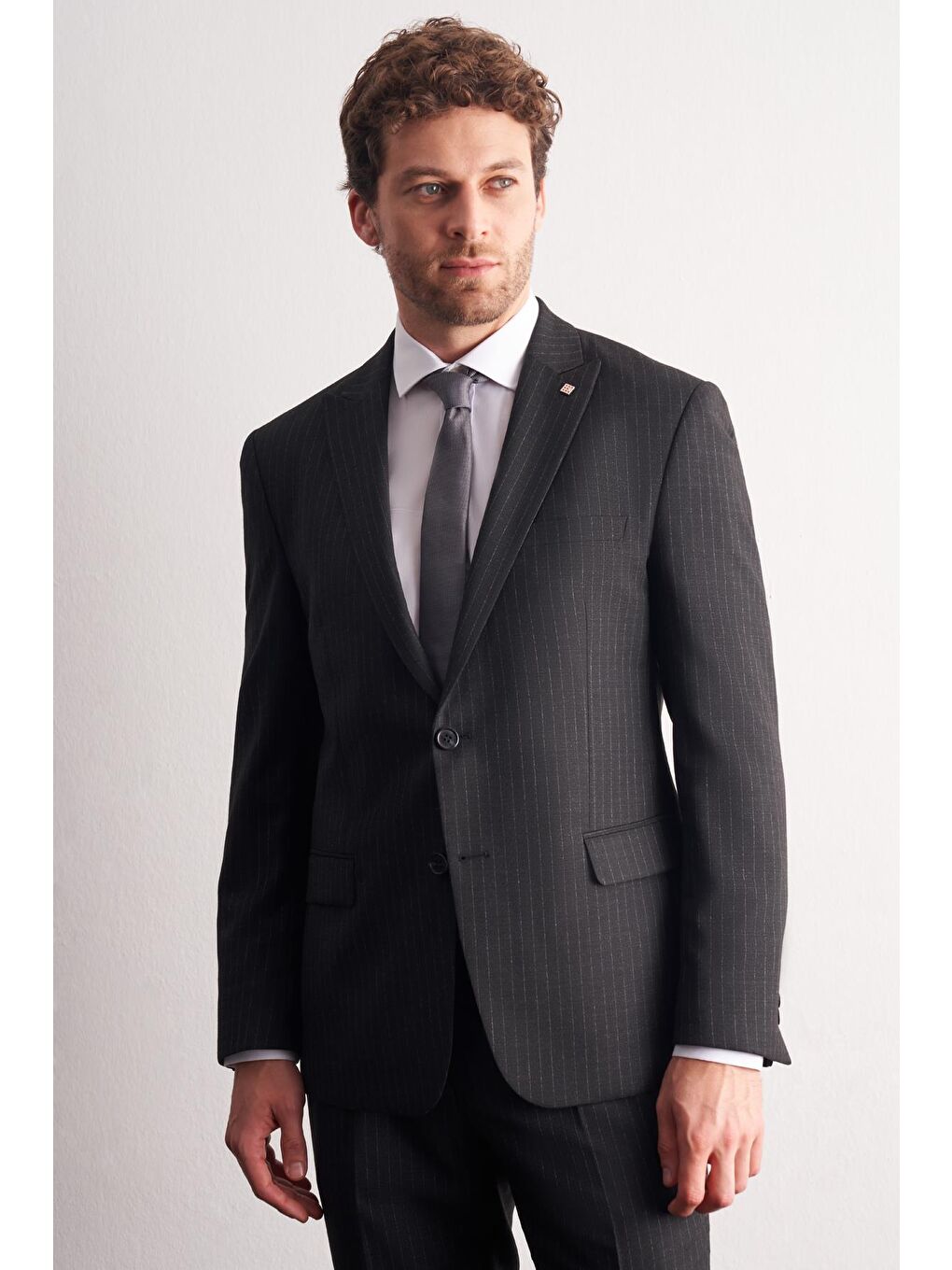 Siyah - Gri Kırlangıç Yaka Çizgili Desen Esnek 6 Drop Slim Fit Classic Takım Elbise 1001255161-2