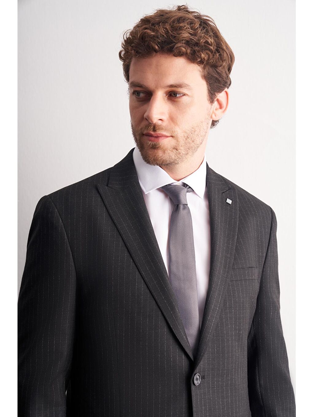 Siyah - Gri Kırlangıç Yaka Çizgili Desen Esnek 6 Drop Slim Fit Classic Takım Elbise 1001255161-3