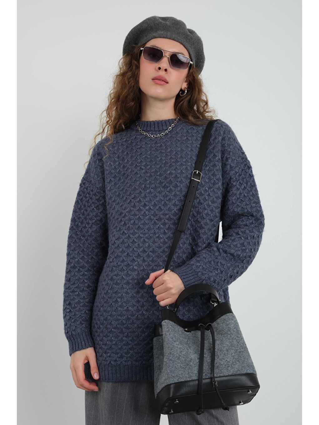 Örümcek Örgülü Kazak Jean Mavi