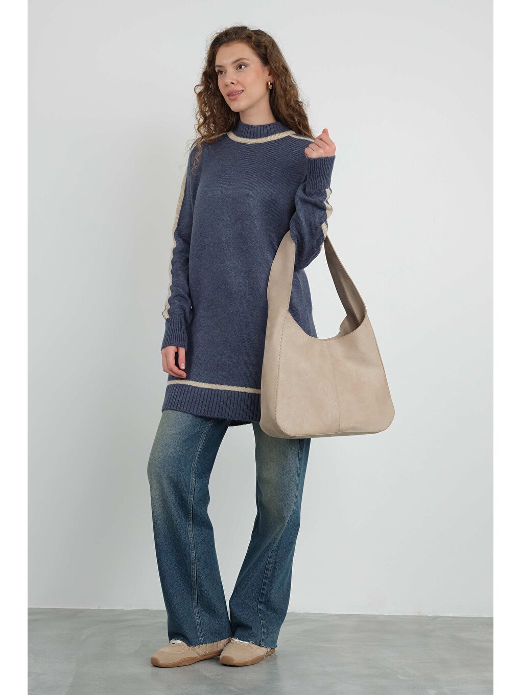 Yarım Balıkçı Yaka Triko Kazak Jean Mavi-1