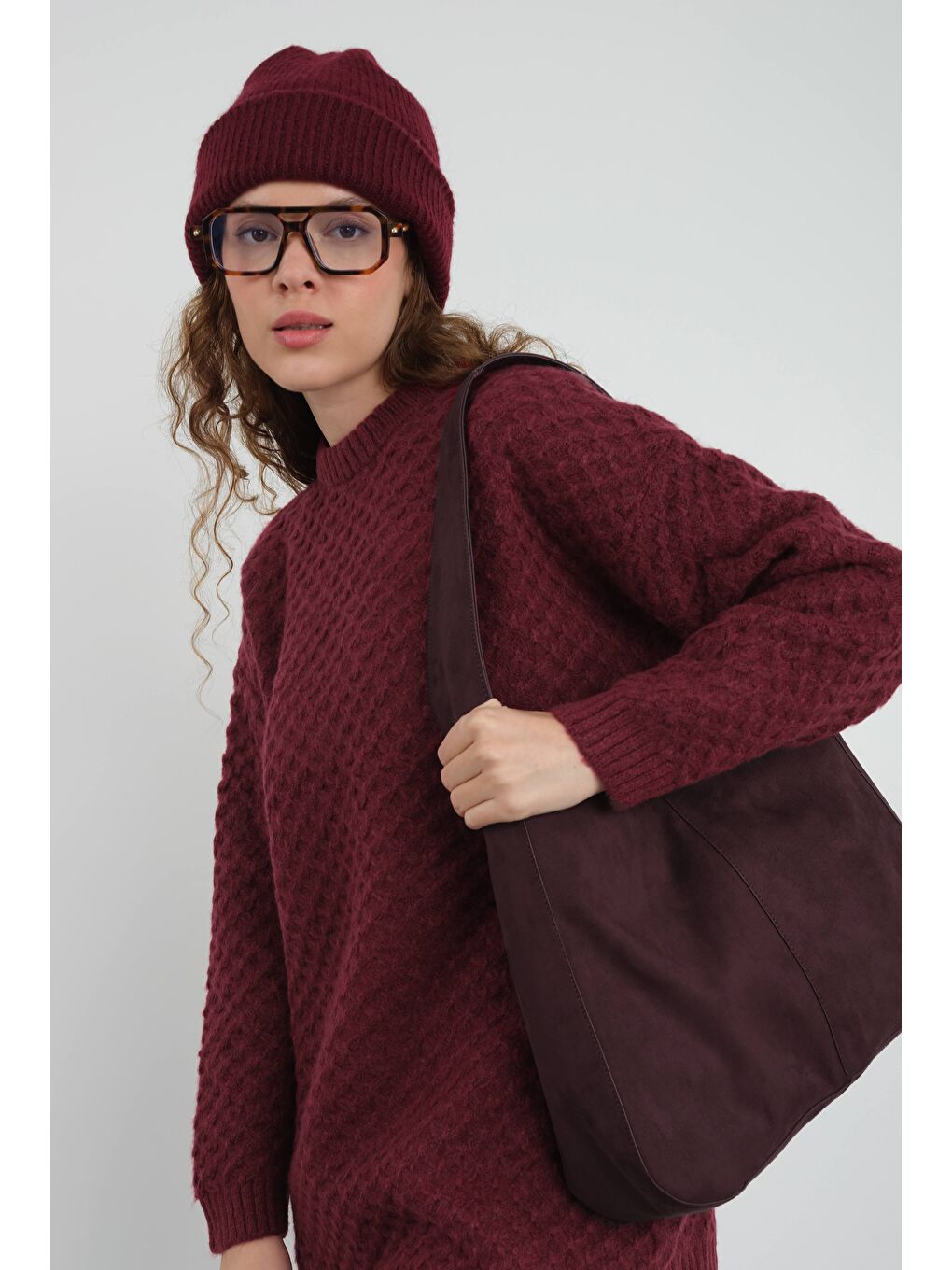 Örümcek Örgülü Kazak Bordo-3