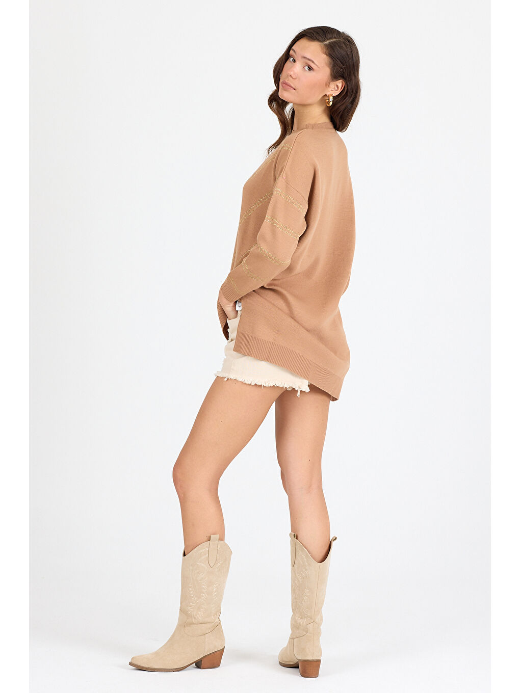 Kahverengi Kadın Sim Garnili Bisiklet Yaka Triko Bluz 21014 (Standart Beden s-m-l-xl Beden Uyumludur)-2