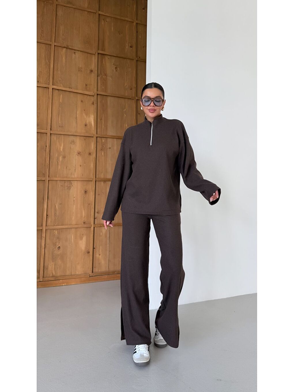 Kadın Kahverengi Yarım Fermuarlı Dik Yaka Kazak Alt-Üst Pantolonlu Takım-2