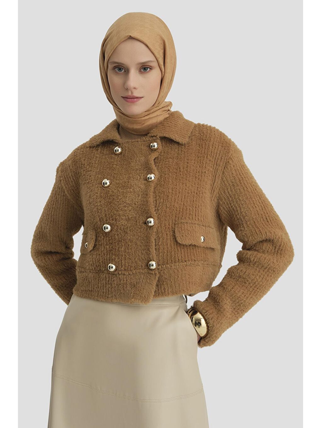 Kahverengi Tüylü Triko Ceket 24K5718 Camel-1