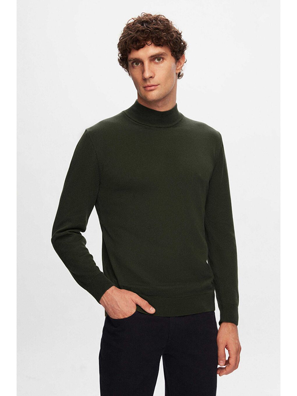 Regular Fit Haki Pamuk Karışımlı Yarım Balıkçı Triko Kazak