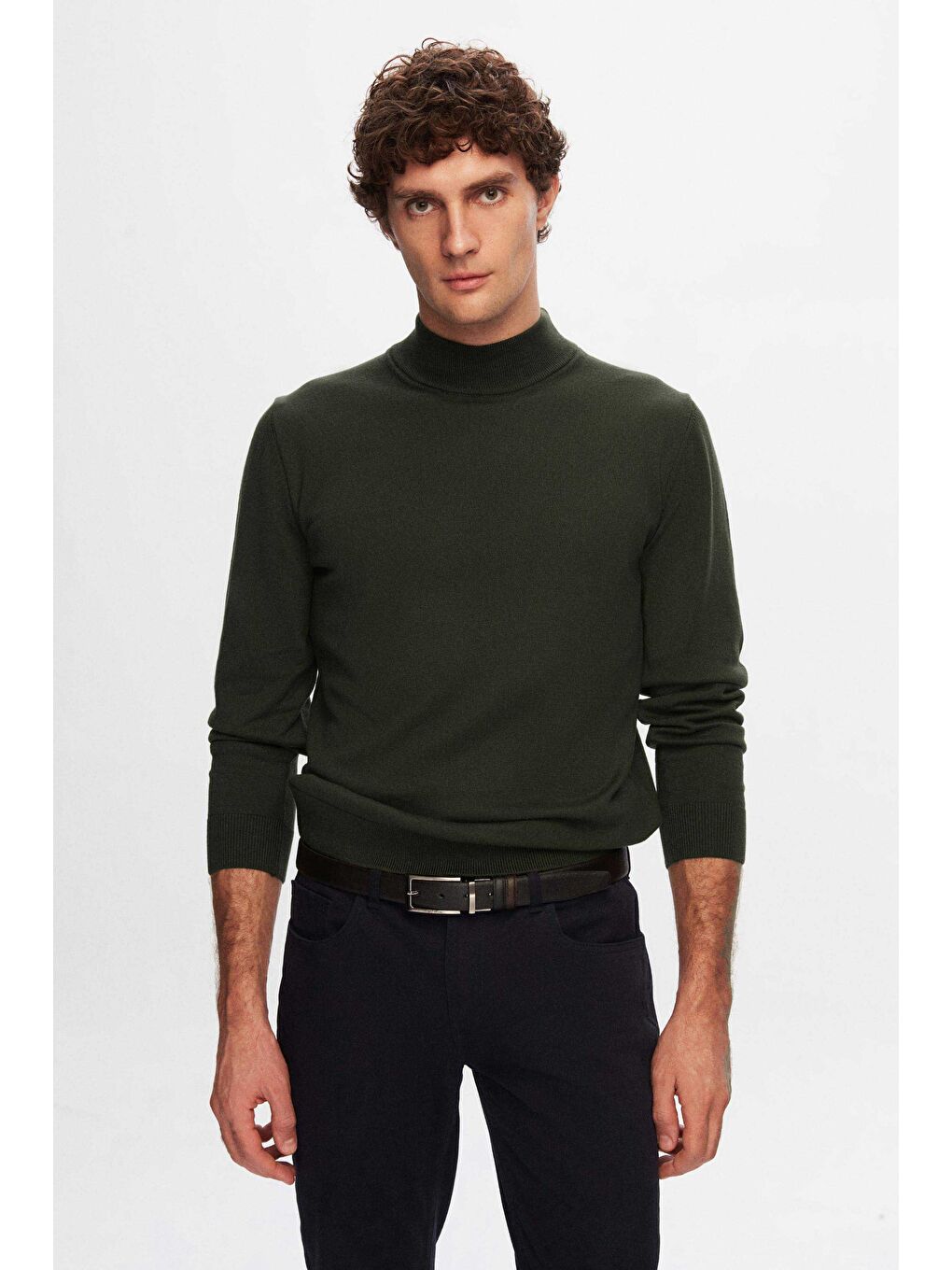 Regular Fit Haki Pamuk Karışımlı Yarım Balıkçı Triko Kazak-1