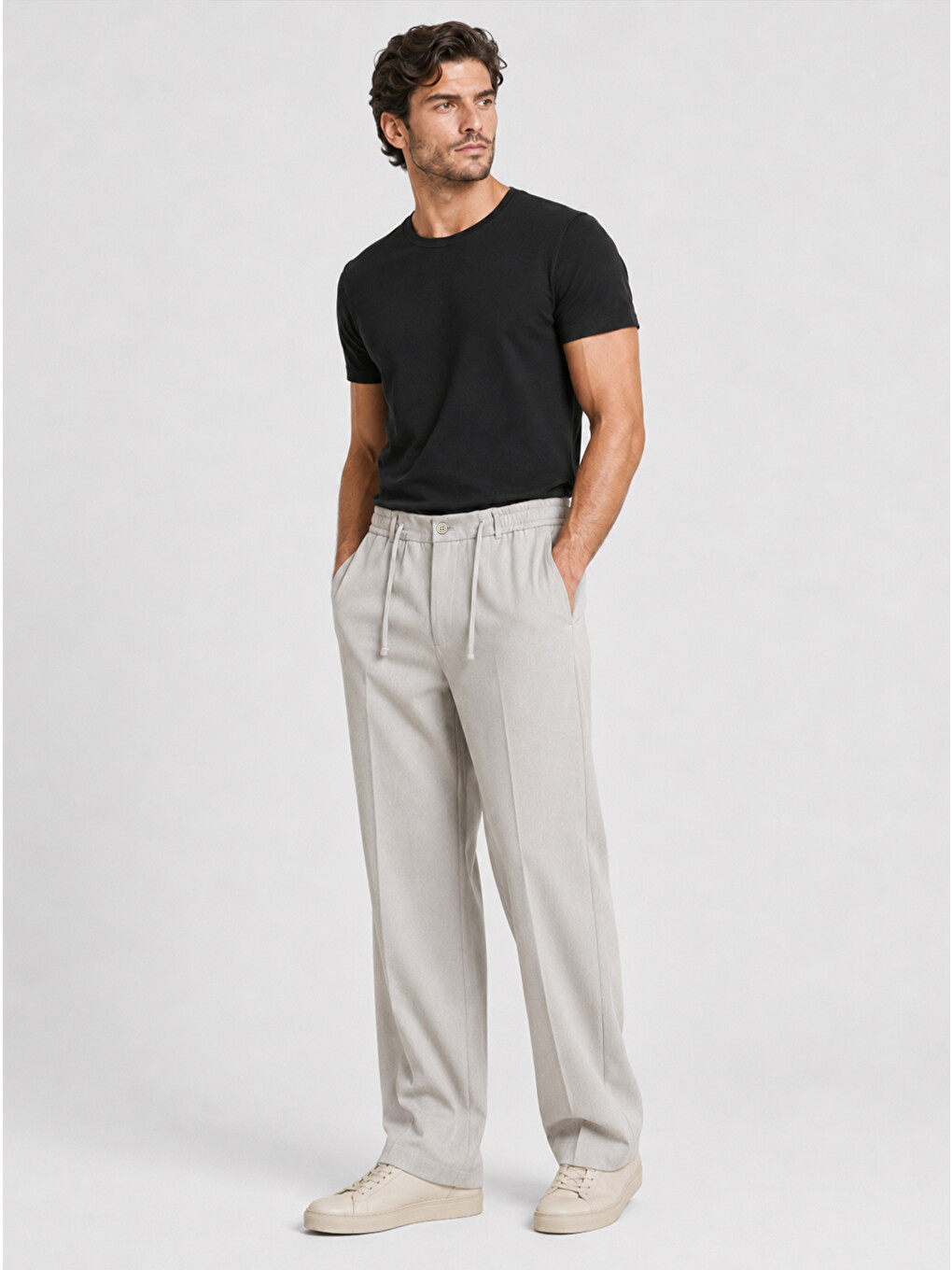 Erkek Taş Gri Relax Fit Bağcıklı Baggy Pantolon-5
