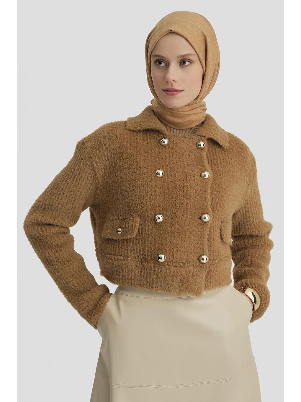 Kahverengi Tüylü Triko Ceket 24K5718 Camel-2