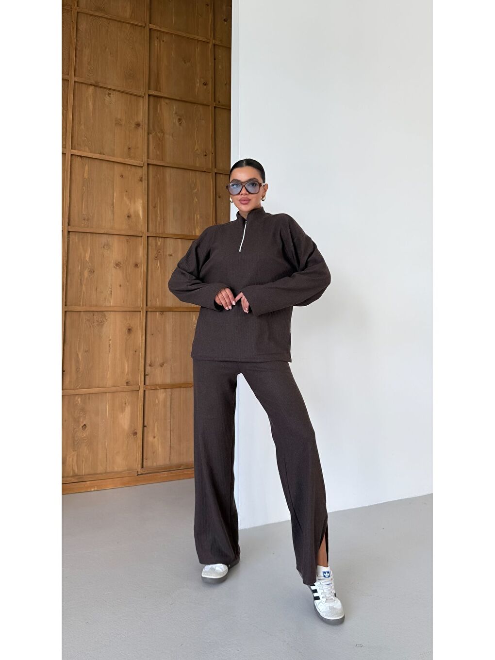 Kadın Kahverengi Yarım Fermuarlı Dik Yaka Kazak Alt-Üst Pantolonlu Takım-3