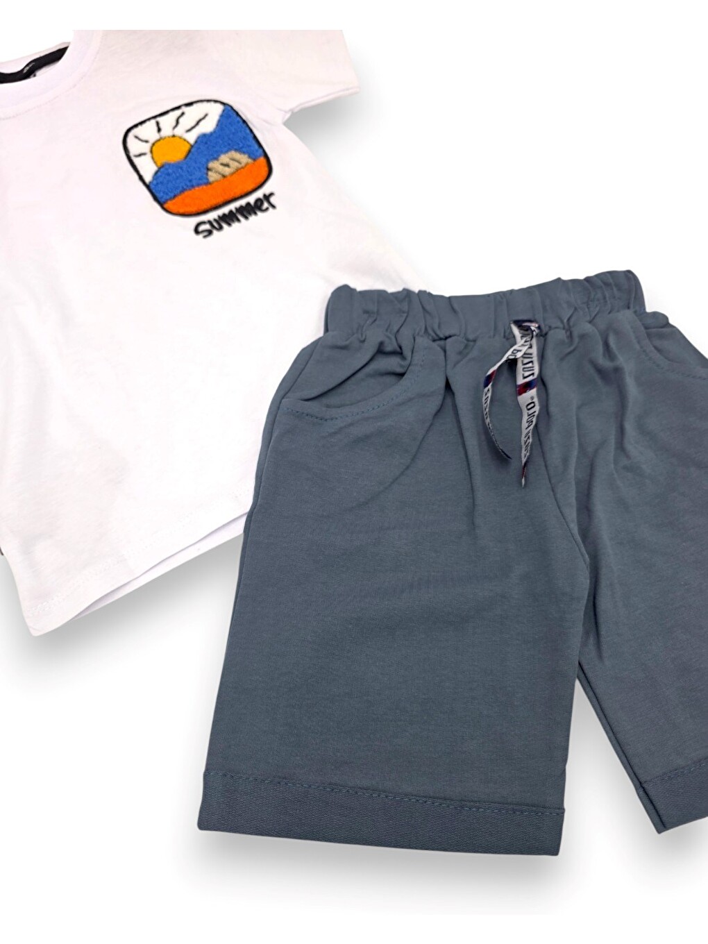Beyaz Erkek Çocuk Yazlık Nakışlı T-shirt Ve Şortlu 2'li Alt Üst Takım-5