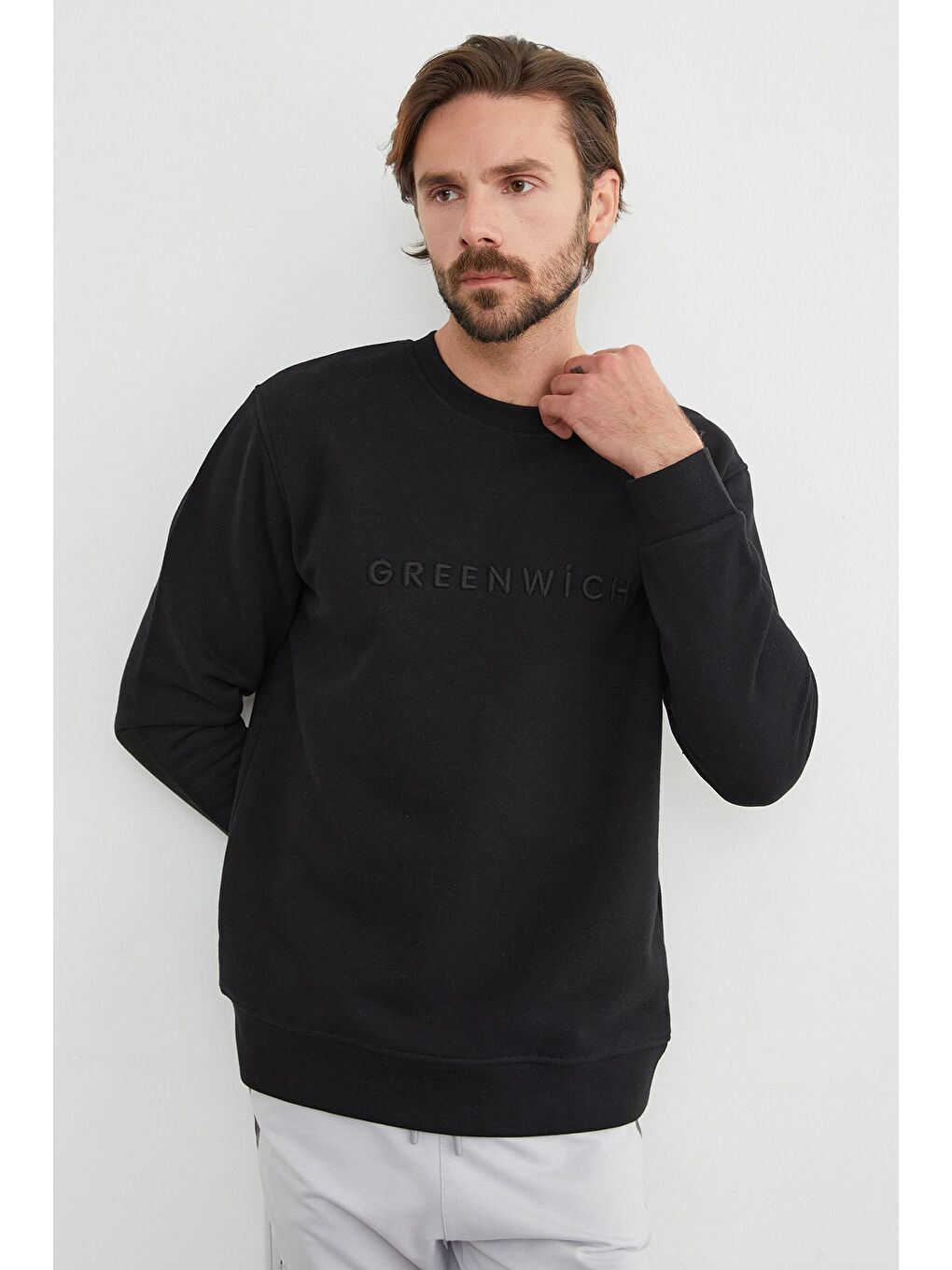 Siyah Greenwich Yazı Nakışlı Bisiklet Yaka Sweatshirt