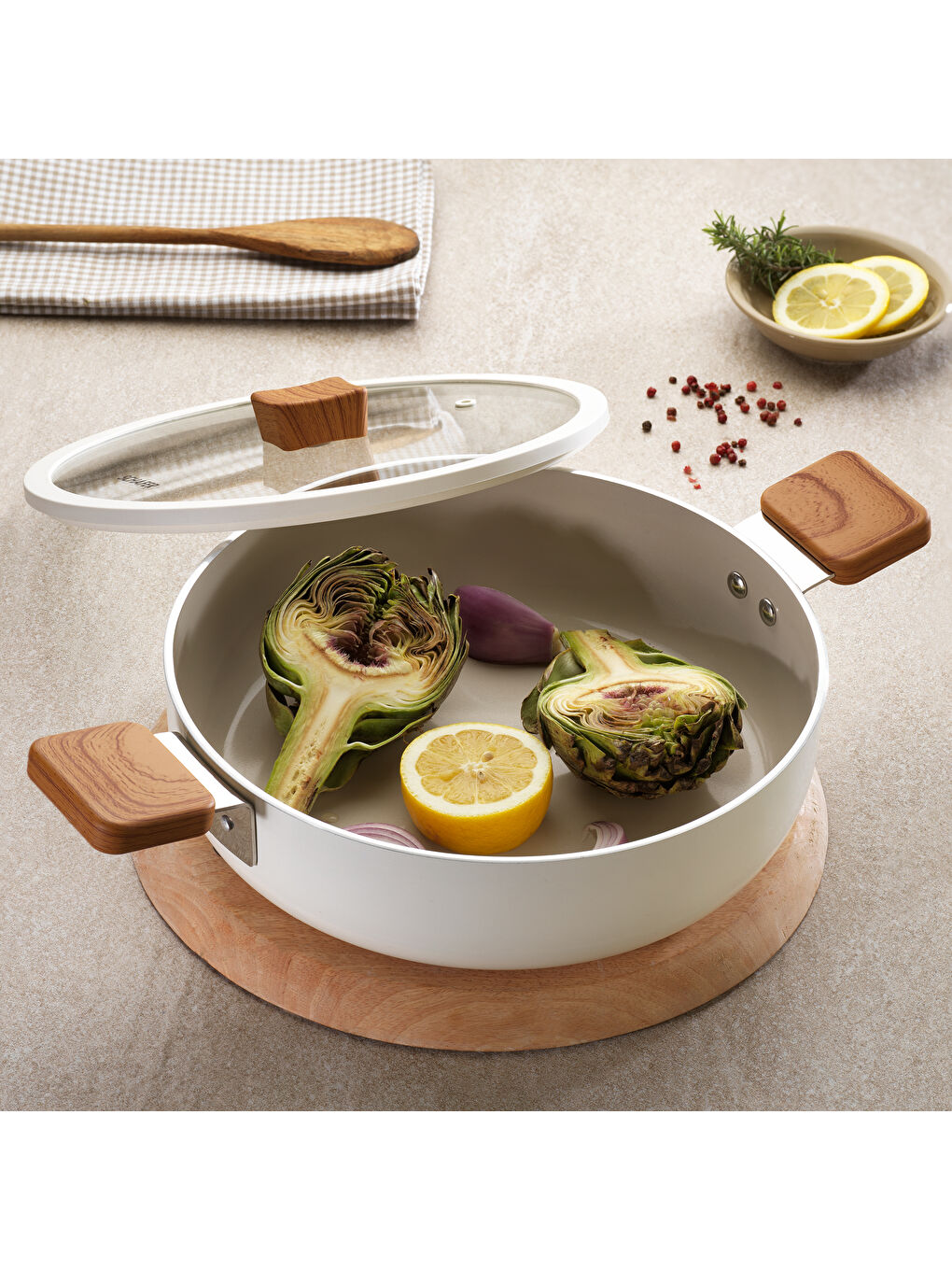 Ekru Ceramoni Seramik Basık Tencere 26 Cm-Krem-1