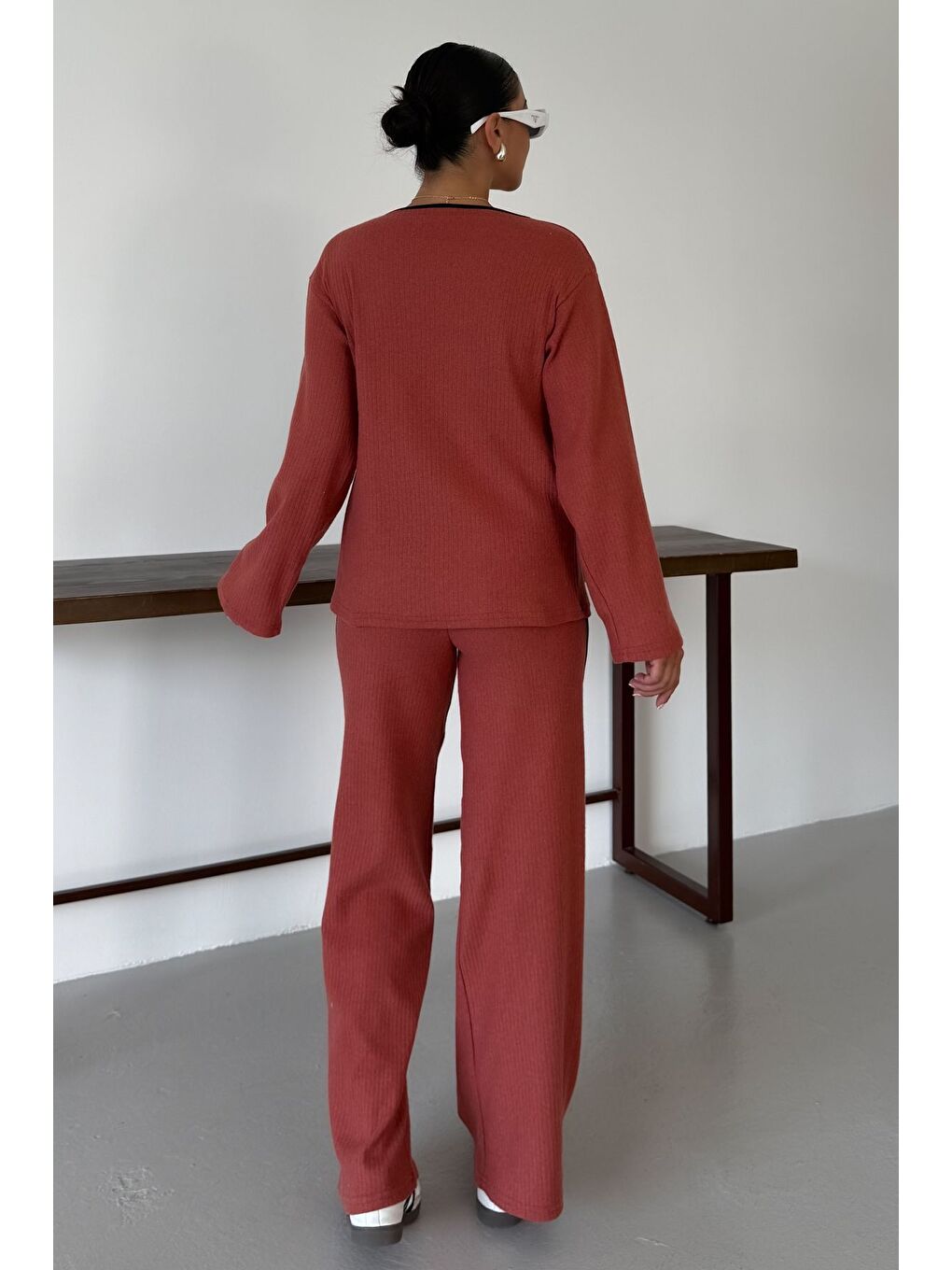 Turuncu Kadın Kiremit Ön Bağlama Detaylı Biyeli Alt-Üst Pantolonlu Takım-4