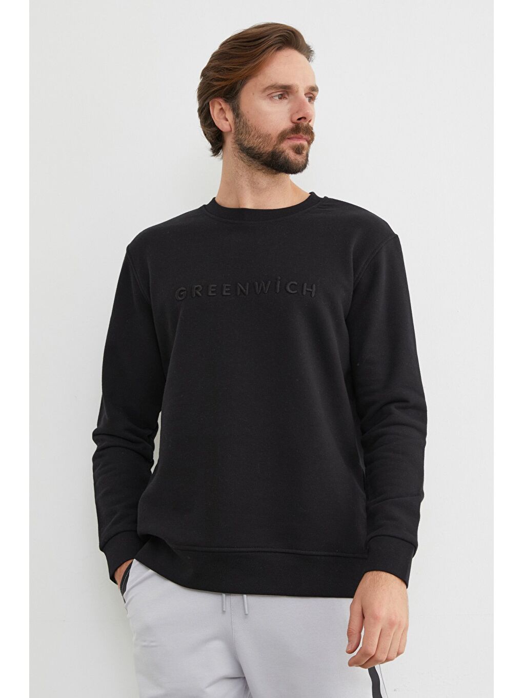 Siyah Greenwich Yazı Nakışlı Bisiklet Yaka Sweatshirt-1