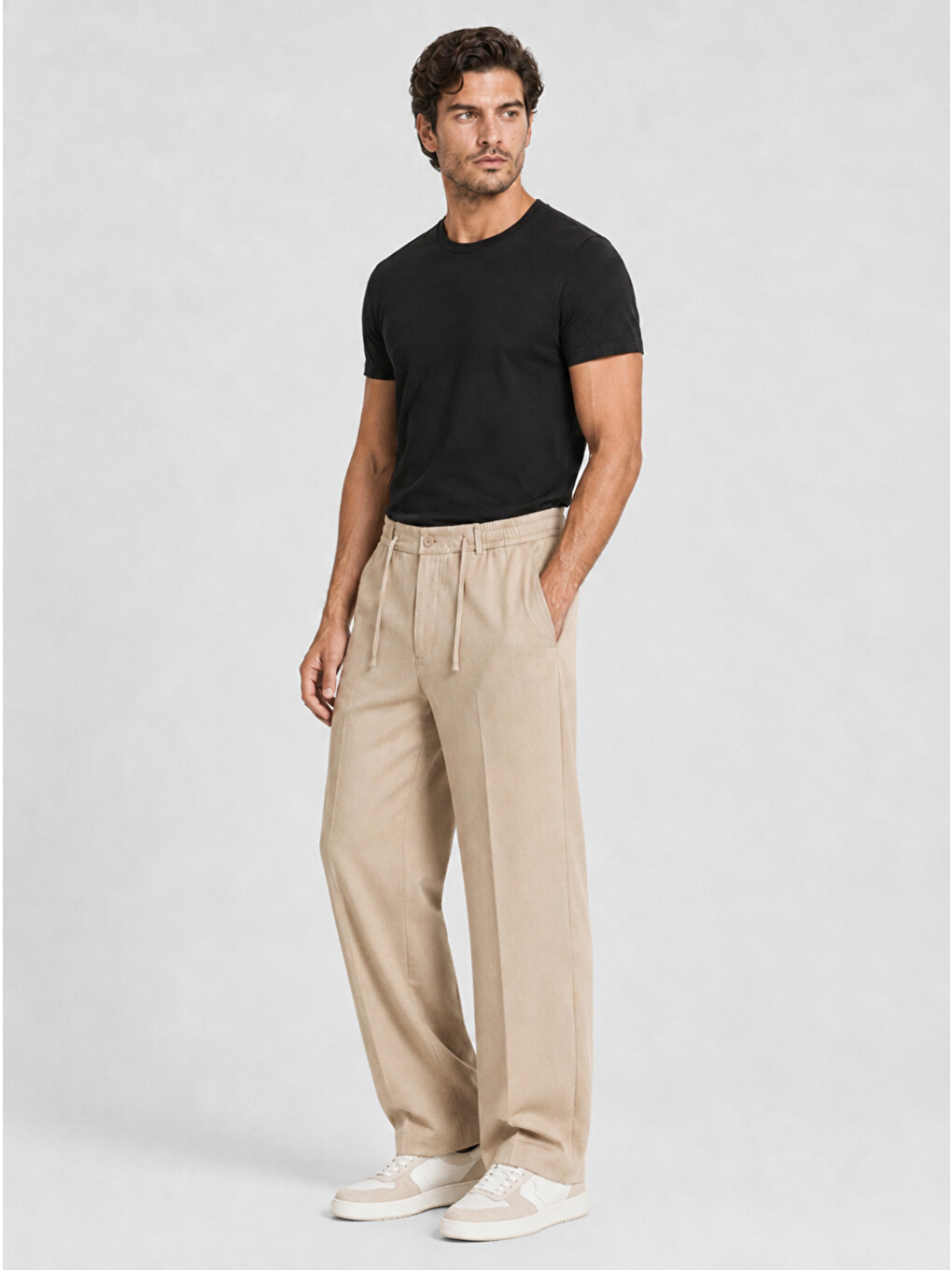 Erkek Bej Relax Fit Bağcıklı Baggy Pantolon-1